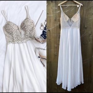 Lulu's White Maxi Bridal Dress with Beaded Silver Bodice